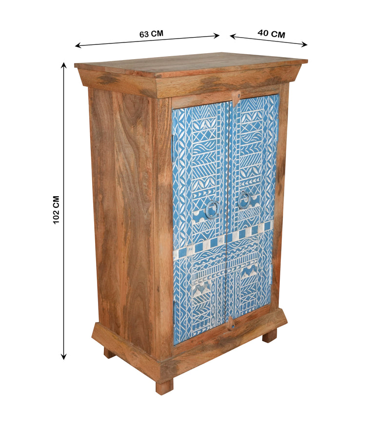 Handcrafted Wooden Cabinet with Decorative Blue Doors