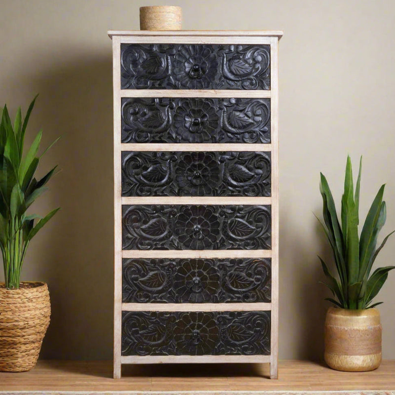 Handcrafted Mango Wood Highboy Dresser with Decorative Drawer Fronts