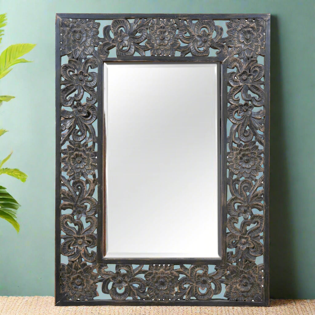 Handcrafted Mango Wood Wall Mirror with Intricate Floral Carved Frame