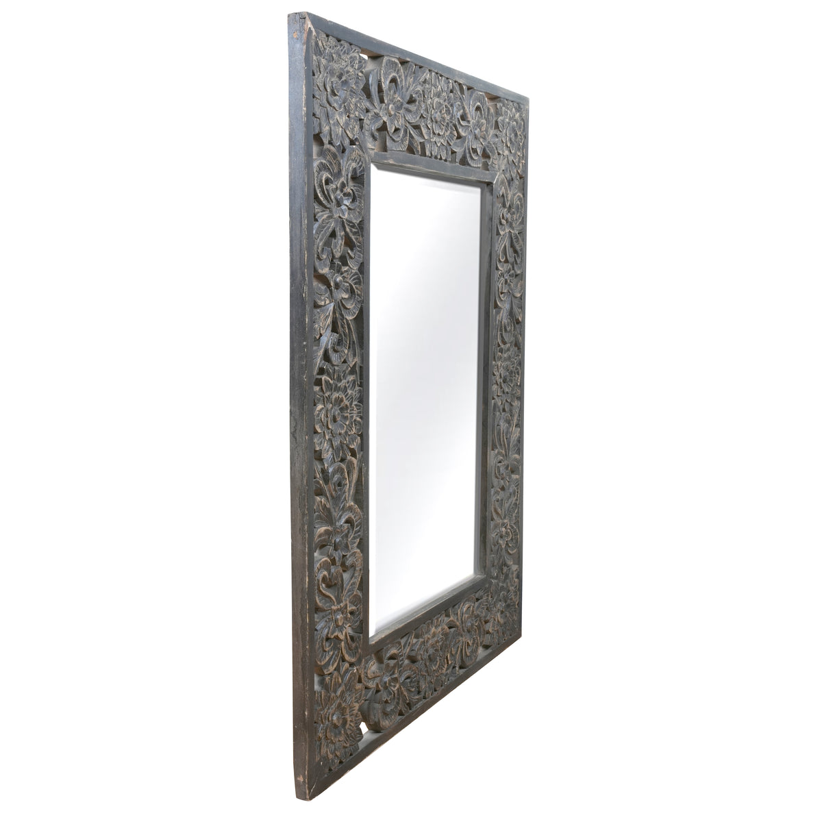 Handcrafted Mango Wood Wall Mirror with Intricate Floral Carved Frame