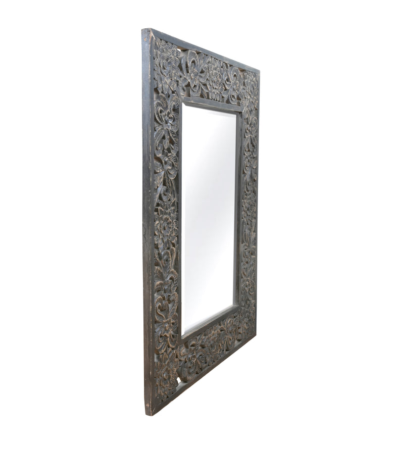 Handcrafted Mango Wood Wall Mirror with Intricate Floral Carved Frame
