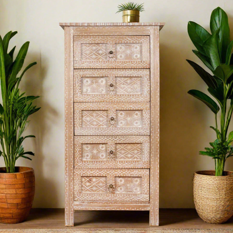Handcrafted Mango Wood Highboy Dresser with Decorative Door and Drawer Fronts