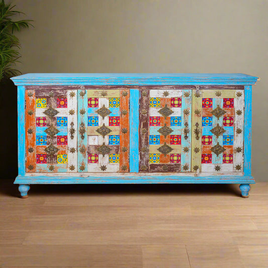 Handcrafted Rajasthani Wooden Sideboard with Colorful Decorative Doors
