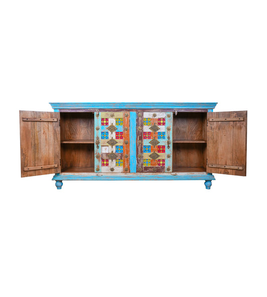 Handcrafted Rajasthani Wooden Sideboard with Colorful Decorative Doors