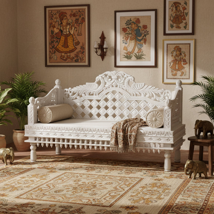 Handcrafted Rajasthani Ornate Wooden Daybed/Bench with Intricate Carvings - Jodhpur Craftsmanship