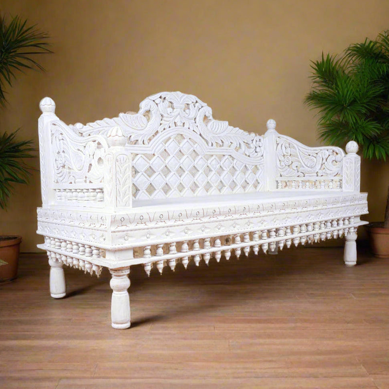Handcrafted Rajasthani Ornate Wooden Daybed/Bench with Intricate Carvings - Jodhpur Craftsmanship