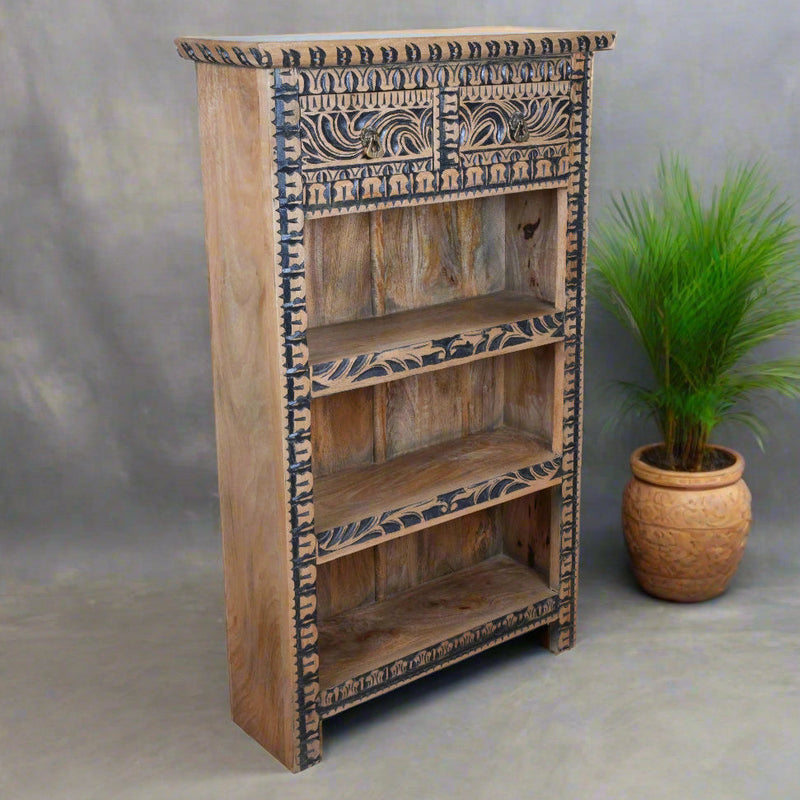 Handcrafted Rajasthani Wooden Bookshelf – Traditional Carved Design