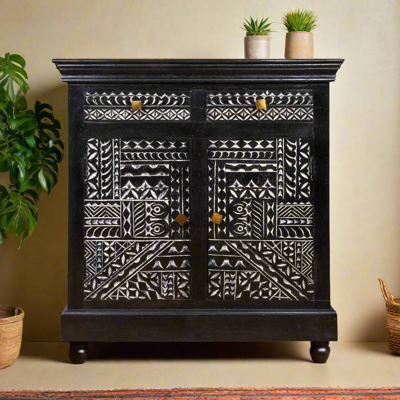 Handcrafted Wooden Cabinet with Intricate Inlay Detailing