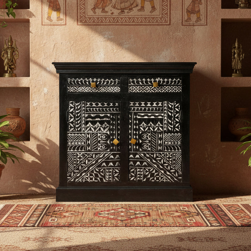 Handcrafted Wooden Cabinet with Intricate Inlay Detailing
