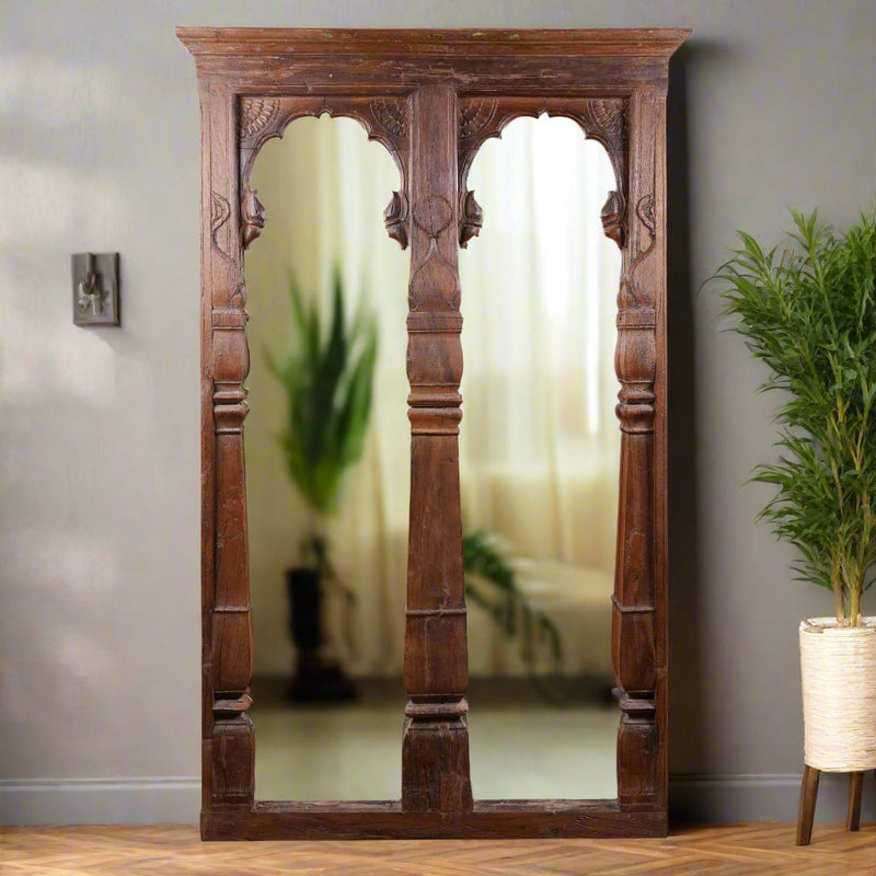 Handcrafted Wooden Mirror – Traditional Indian Design with Intricate Detailing