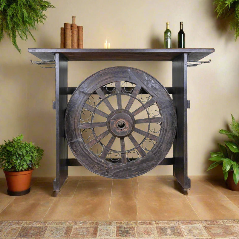 Antique Wooden Bar Counter – Vintage Wheel-Inspired Design