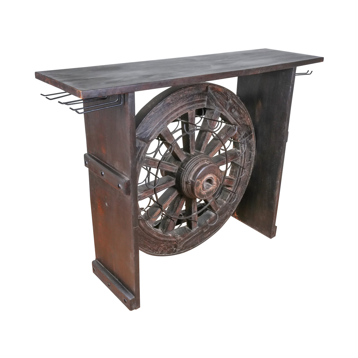 Antique Wooden Bar Counter – Vintage Wheel-Inspired Design