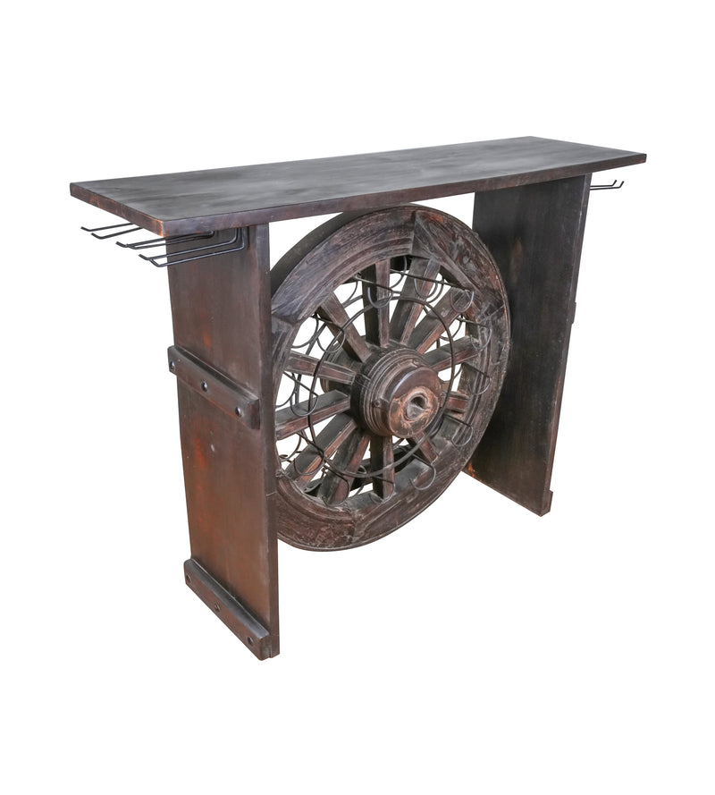 Antique Wooden Bar Counter – Vintage Wheel-Inspired Design