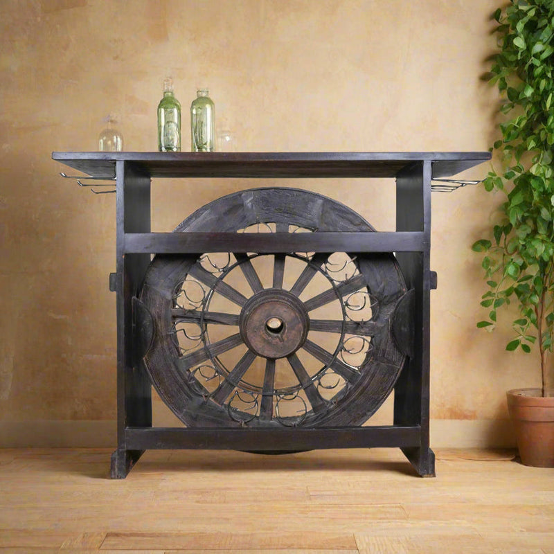 Antique Wooden Bar Counter – Vintage Wheel-Inspired Design
