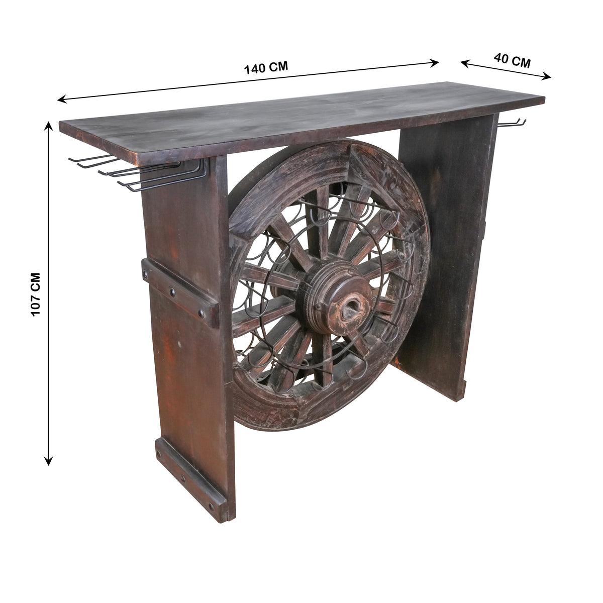 Antique Wooden Bar Counter – Vintage Wheel-Inspired Design