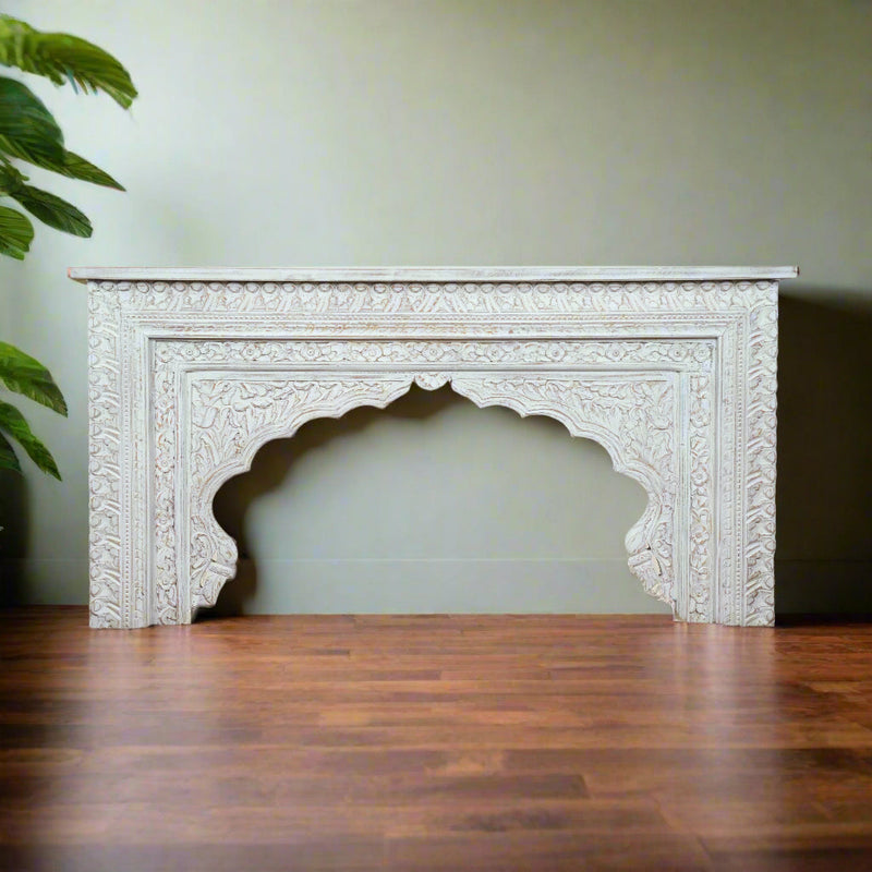 Handcrafted Wooden Console Table – Traditional Indian Carvings in White Finish