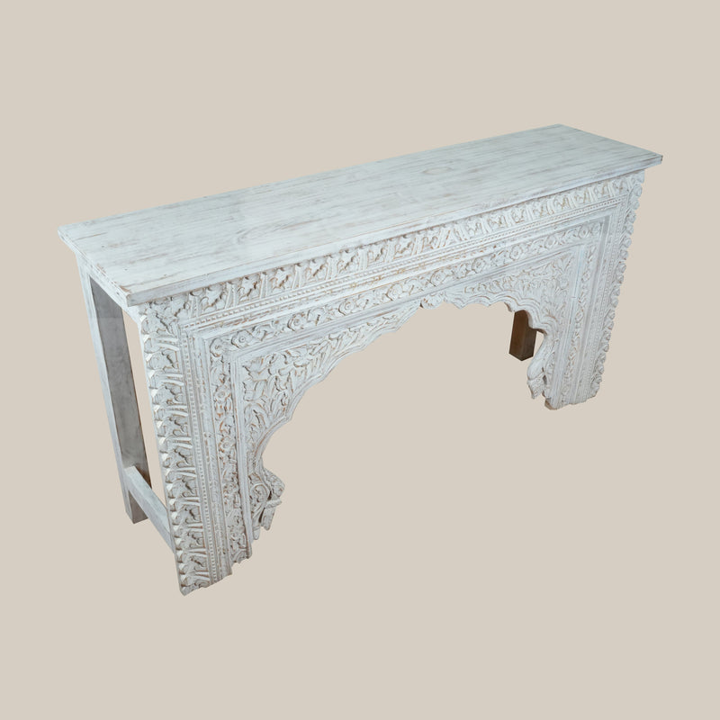 Handcrafted Wooden Console Table – Traditional Indian Carvings in White Finish