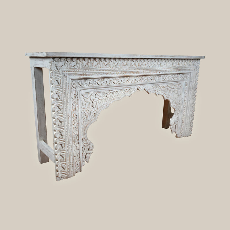 Handcrafted Wooden Console Table – Traditional Indian Carvings in White Finish