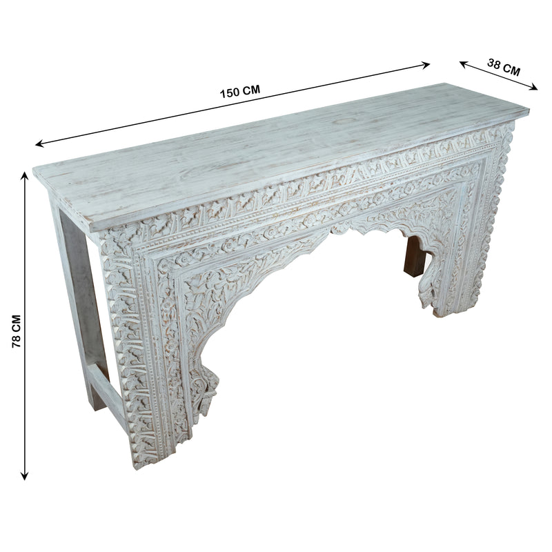 Handcrafted Wooden Console Table – Traditional Indian Carvings in White Finish
