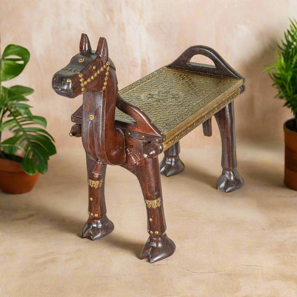 Handcrafted Wooden Horse Bench – Traditional Rajasthani Design