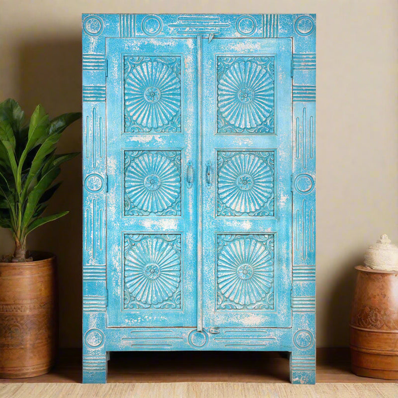 Varuna Armoire - Handcarved Wooden Cabinet in Washed Indigo with Geometric Sun Medallions