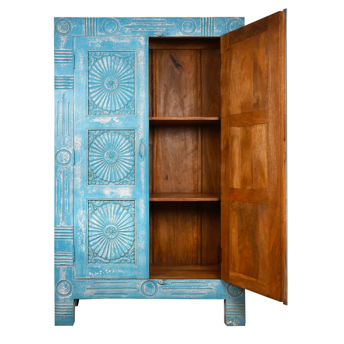 Varuna Armoire - Handcarved Wooden Cabinet in Washed Indigo with Geometric Sun Medallions