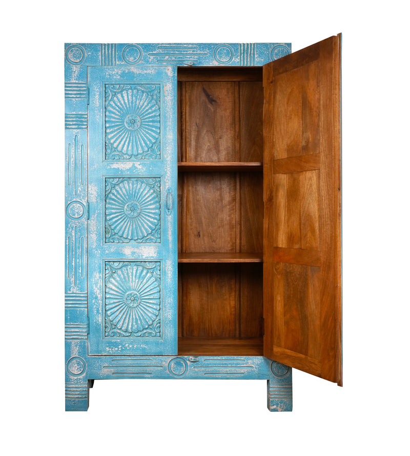 Varuna Armoire - Handcarved Wooden Cabinet in Washed Indigo with Geometric Sun Medallions