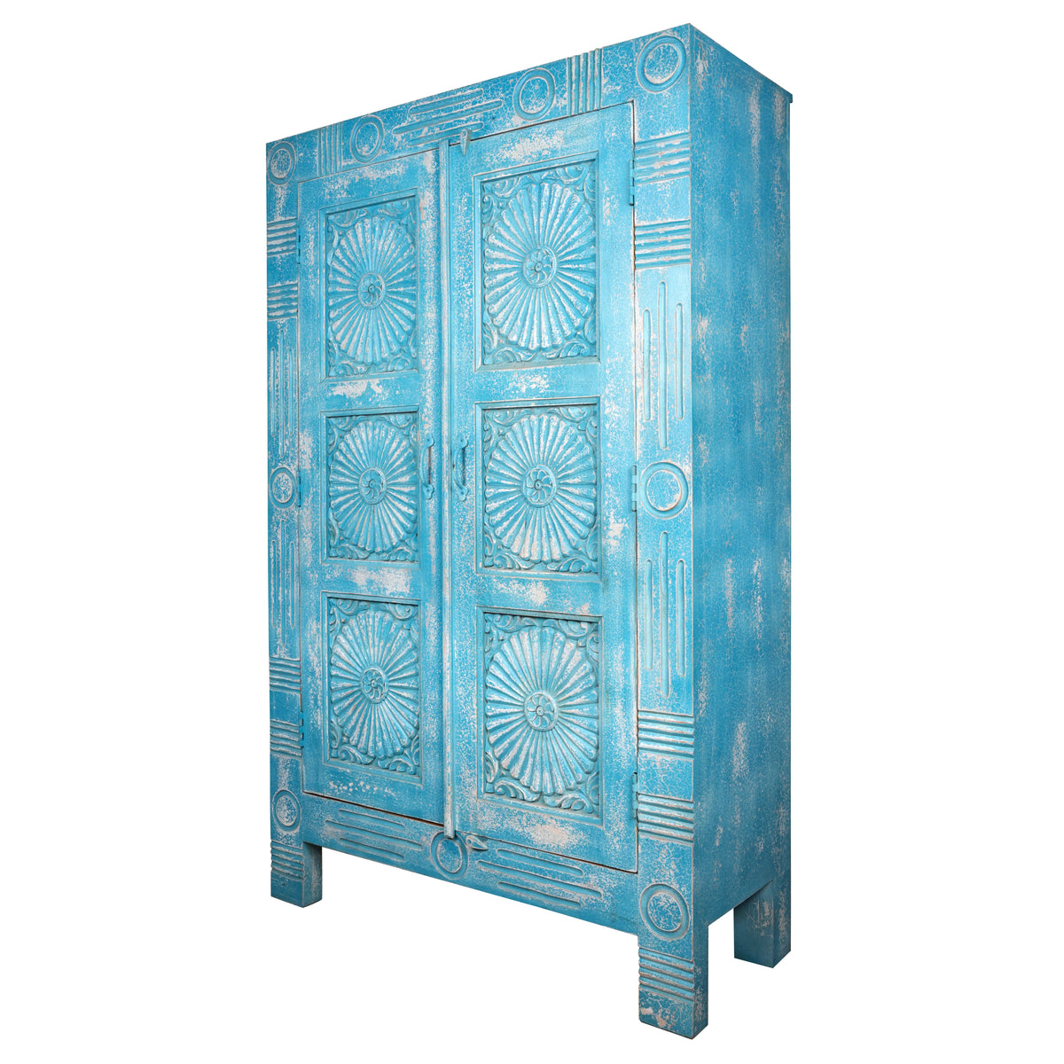 Varuna Armoire - Handcarved Wooden Cabinet in Washed Indigo with Geometric Sun Medallions