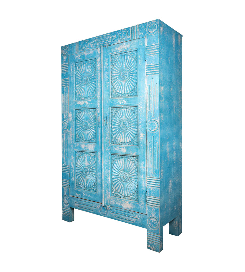 Varuna Armoire - Handcarved Wooden Cabinet in Washed Indigo with Geometric Sun Medallions