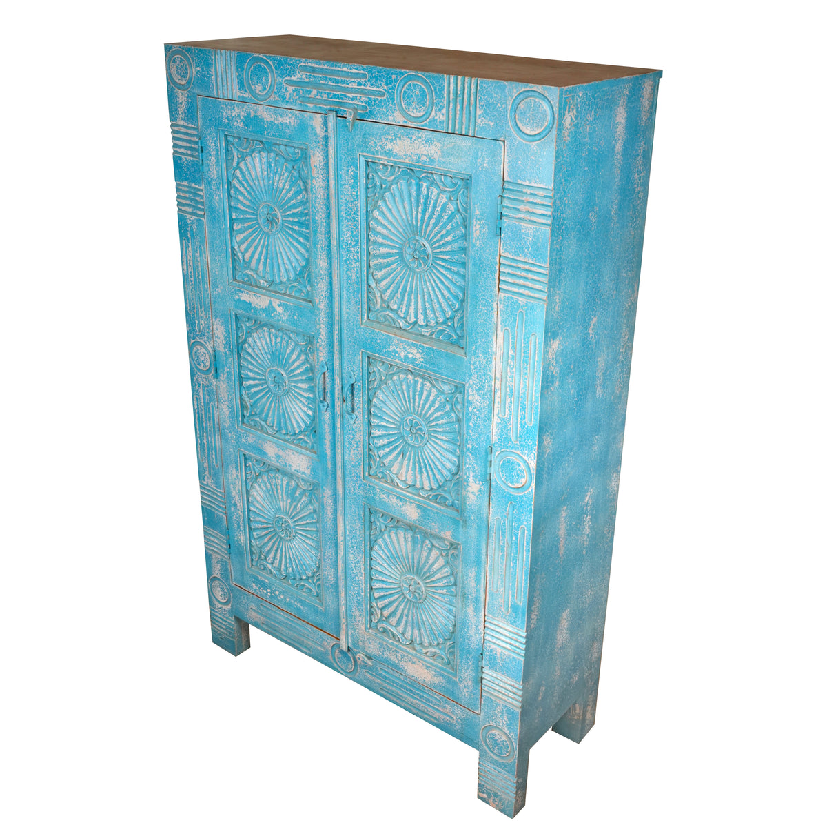 Varuna Armoire - Handcarved Wooden Cabinet in Washed Indigo with Geometric Sun Medallions