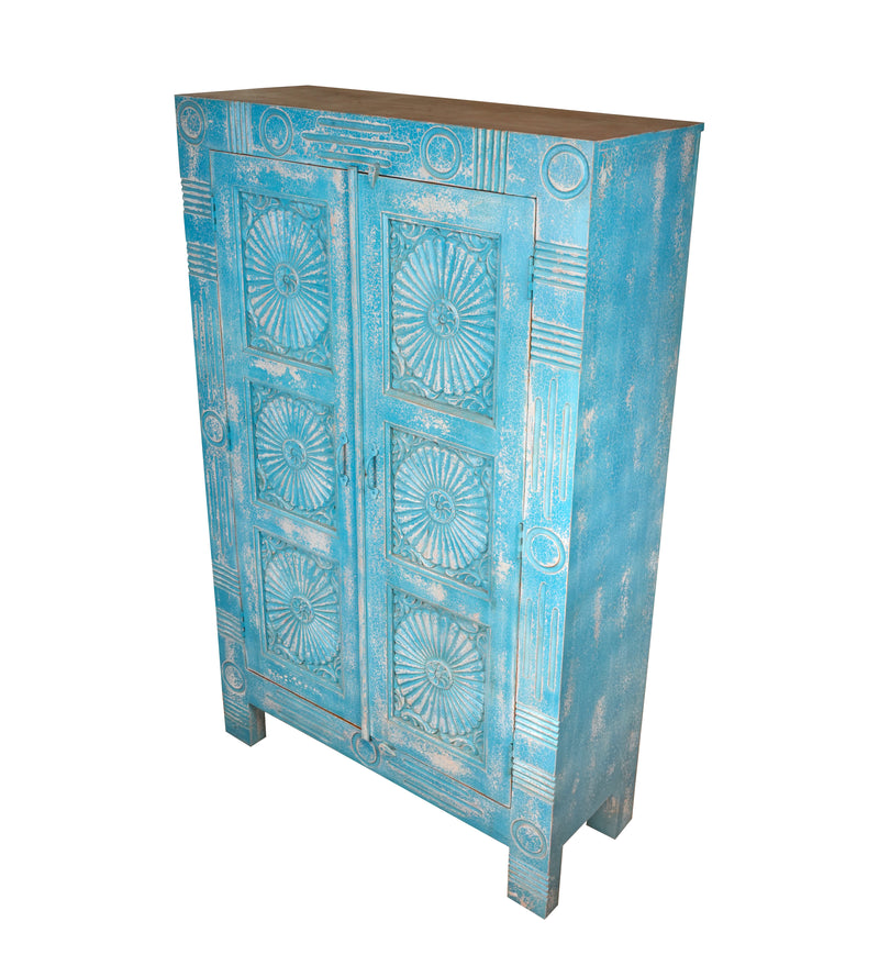 Varuna Armoire - Handcarved Wooden Cabinet in Washed Indigo with Geometric Sun Medallions