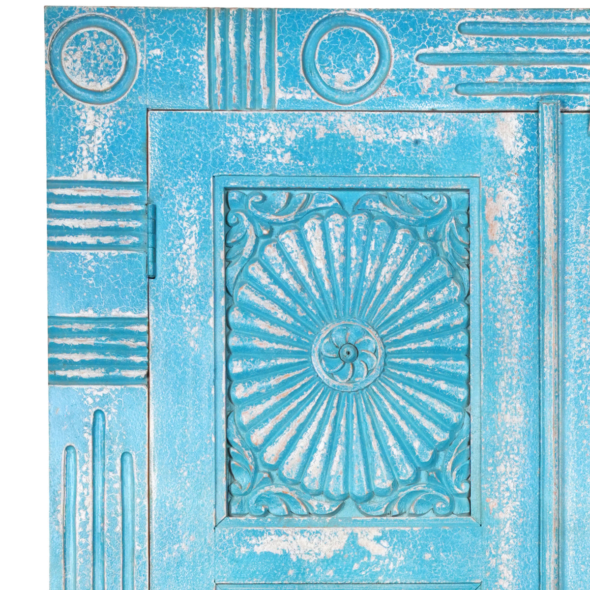 Varuna Armoire - Handcarved Wooden Cabinet in Washed Indigo with Geometric Sun Medallions