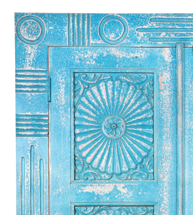 Varuna Armoire - Handcarved Wooden Cabinet in Washed Indigo with Geometric Sun Medallions