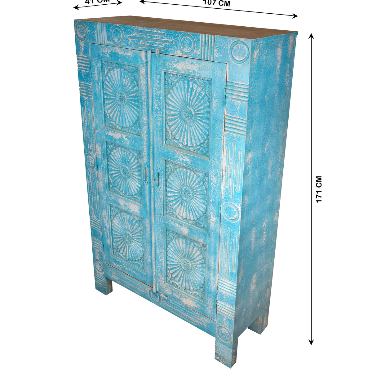 Varuna Armoire - Handcarved Wooden Cabinet in Washed Indigo with Geometric Sun Medallions