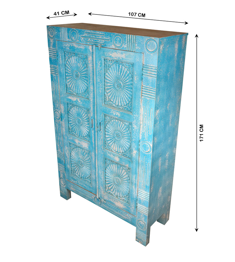 Varuna Armoire - Handcarved Wooden Cabinet in Washed Indigo with Geometric Sun Medallions