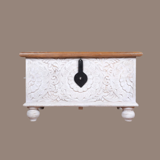Nargis Trunk - Ivory Floral Carved Wooden Trunk - Classic Storage Chest