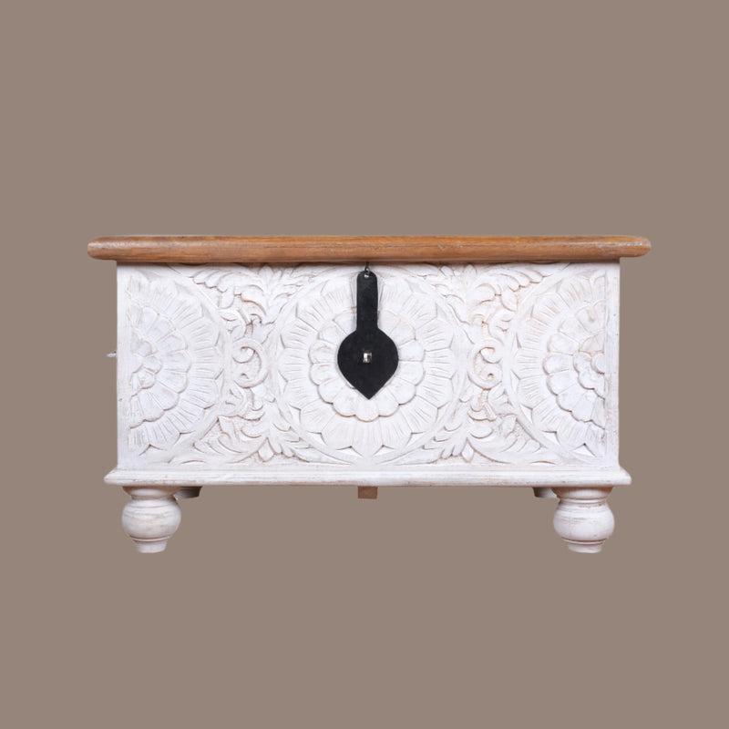 Nargis Trunk - Ivory Floral Carved Wooden Trunk - Classic Storage Chest