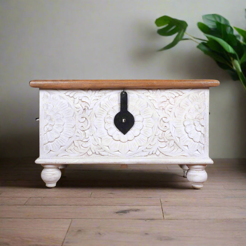 Nargis Trunk - Ivory Floral Carved Wooden Trunk - Classic Storage Chest
