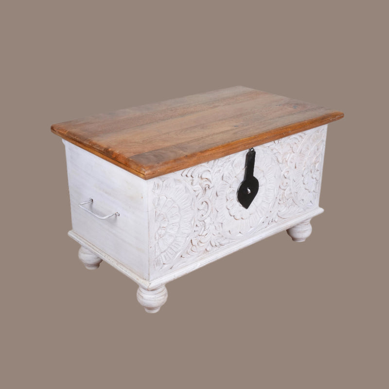 Nargis Trunk - Ivory Floral Carved Wooden Trunk - Classic Storage Chest