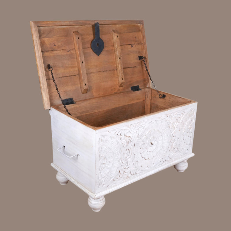 Nargis Trunk - Ivory Floral Carved Wooden Trunk - Classic Storage Chest