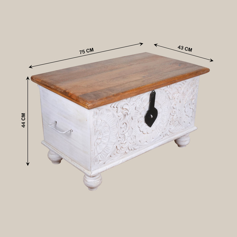 Nargis Trunk - Ivory Floral Carved Wooden Trunk - Classic Storage Chest