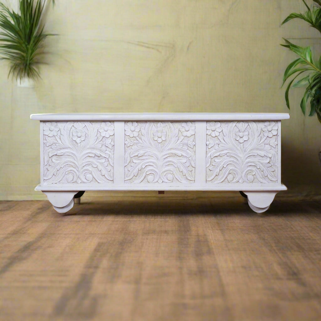 Shweta Trunk - Hand-Carved Wooden Storage Chest in Distressed Ivory