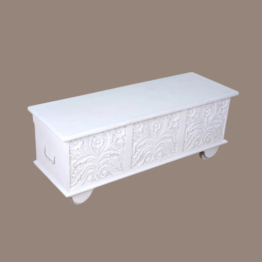 Shweta Trunk - Hand-Carved Wooden Storage Chest in Distressed Ivory