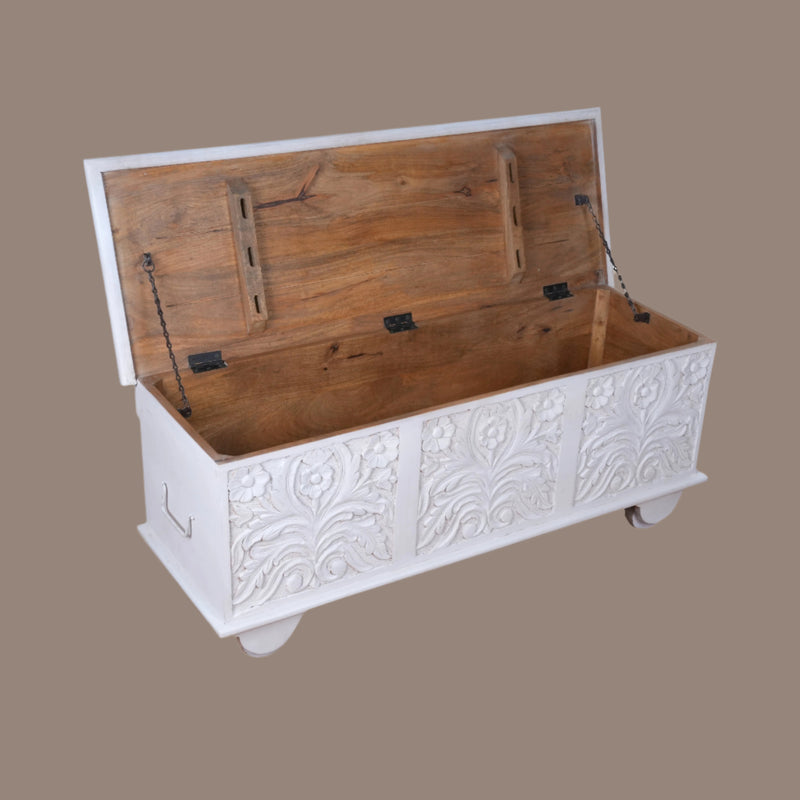 Shweta Trunk - Hand-Carved Wooden Storage Chest in Distressed Ivory
