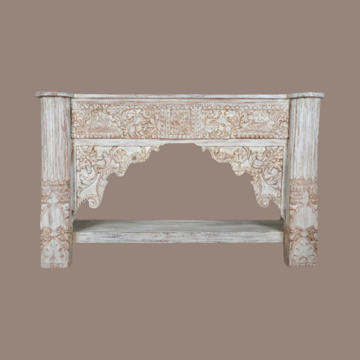 Maharaja Console - Ornate Handcrafted Console Table in Whitewash Finish