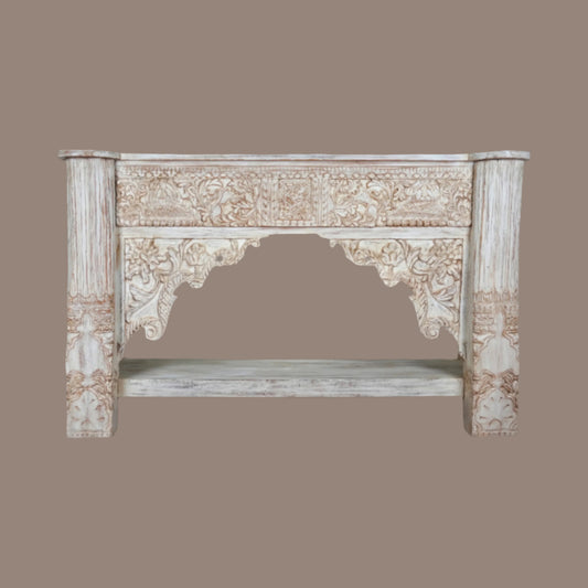 Maharaja Console - Ornate Handcrafted Console Table in Whitewash Finish