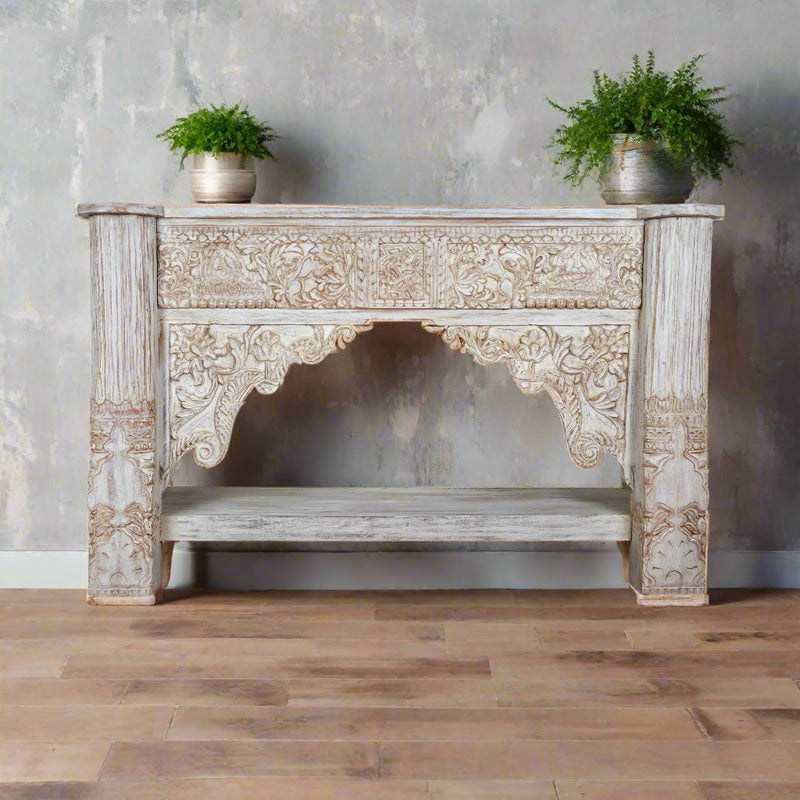 Maharaja Console - Ornate Handcrafted Console Table in Whitewash Finish