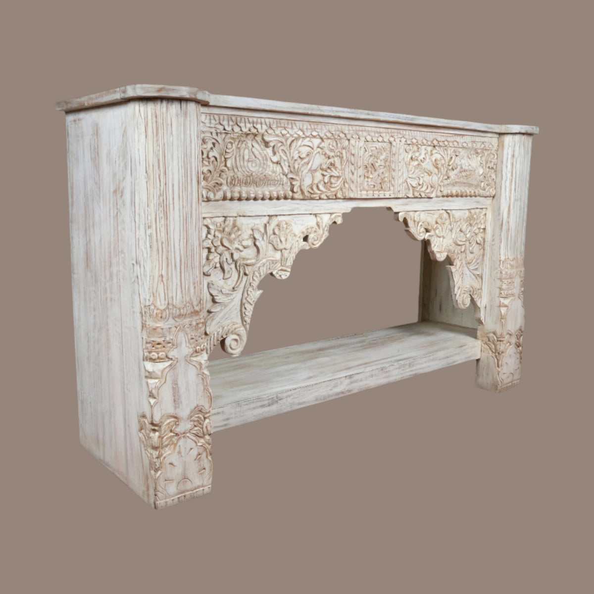 Maharaja Console - Ornate Handcrafted Console Table in Whitewash Finish