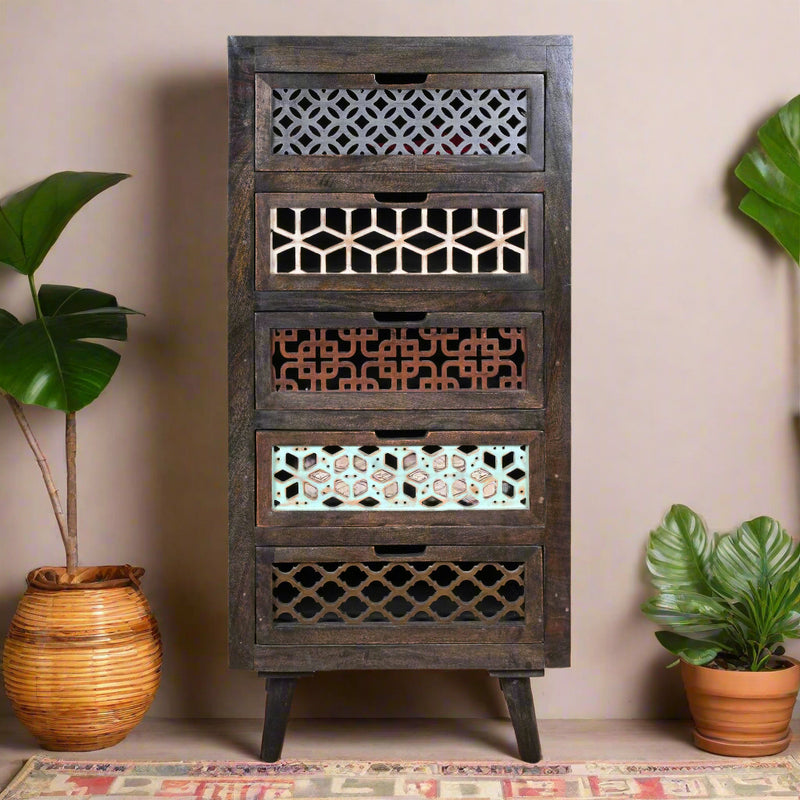 Jaliya Chest - Handcrafted Wooden Drawer Chest with Lattice Carvings