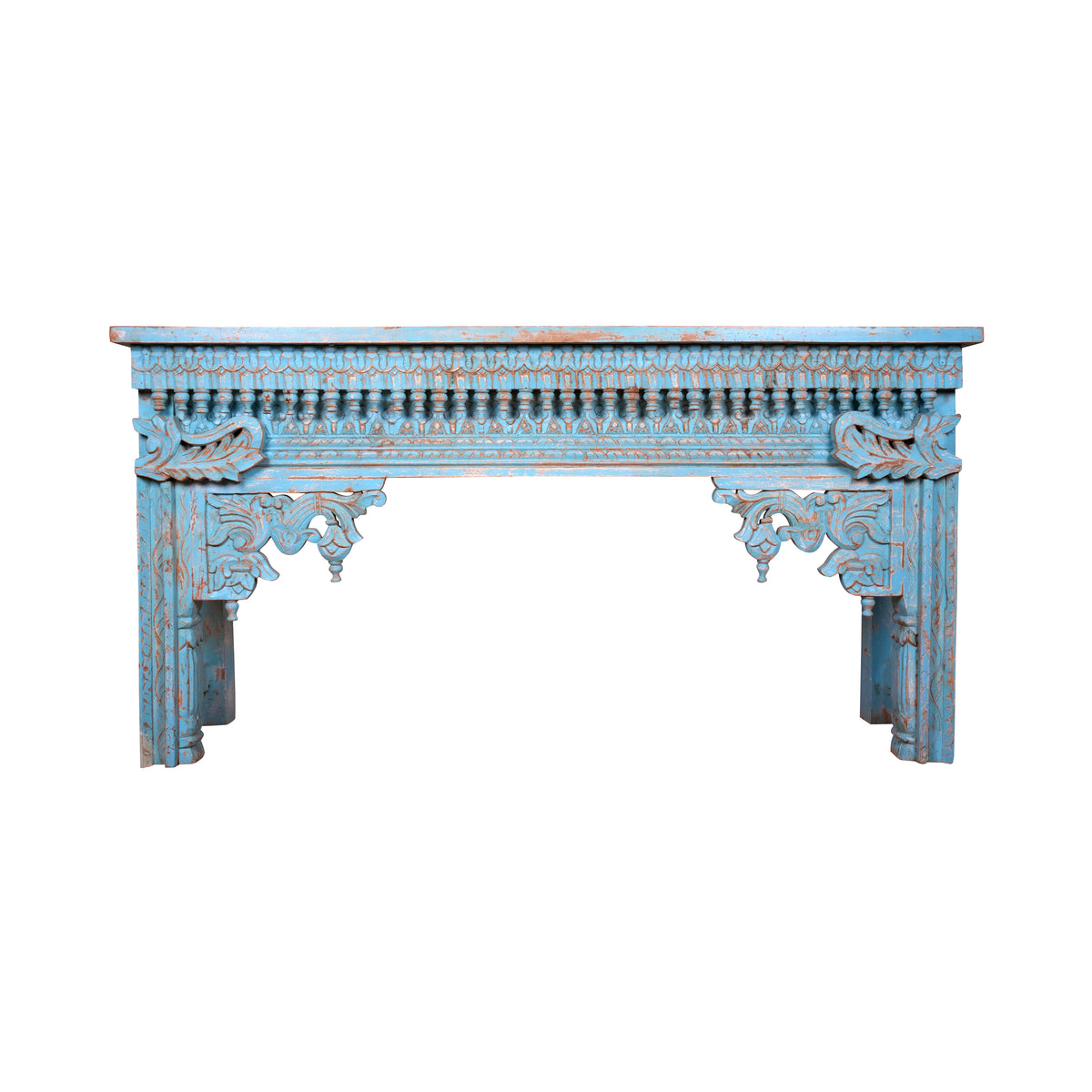 Neelakshi Console - Ornate Hand-Carved Wooden Console Table in Blue Distress Finish